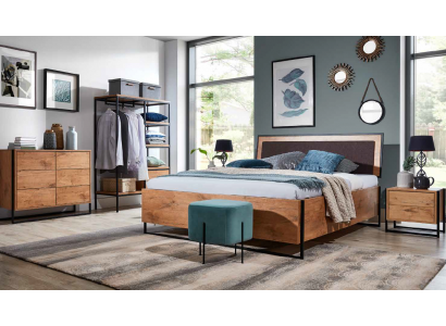 5 tlg. Komplett Set Holz Schlafzimmer Loft Stil Design Bett Kommode Schrank
