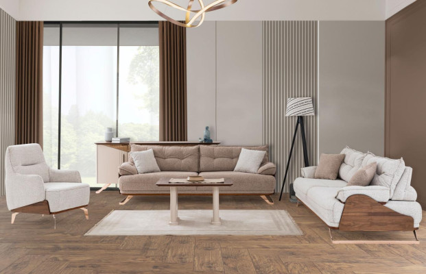 Sofagarnitur Dreisitzer Sessel Couch Polstersofa Stoffsofa Beige 3tlg