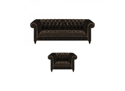 Braune Chesterfield Polster Garnitur Designer 3-Sitzer Textil Sessel 2tlg