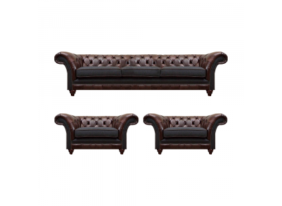 Braun-Graue Chesterfield Sitzgarnitur 2x Ledersessel Dreisitzer 3tlg Set
