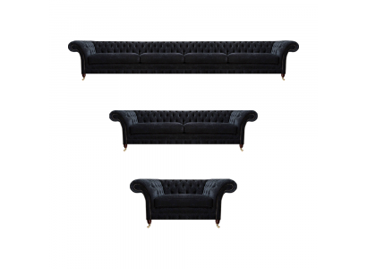 Chesterfield Schwarze Textilgarnitur Viersitzer Couch Zweisitzer Sessel