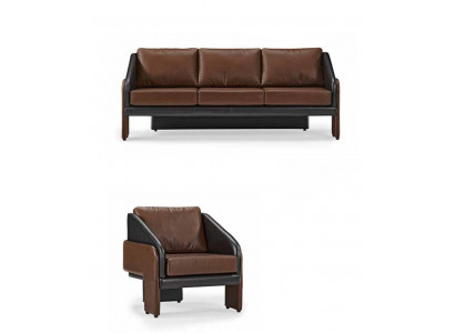 Braun-Schwarze Leder Sitzgarnitur Stilvoller Dreisitzer Lehnsessel 2tlg