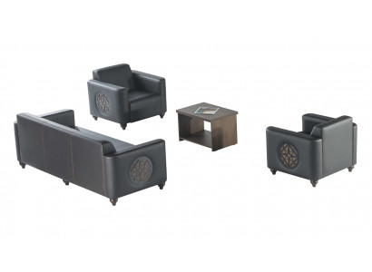 Arbeitszimmer-Set 4tlg Schwarz 3-Sitzer 2x Sessel Braun Couchtisch Modern