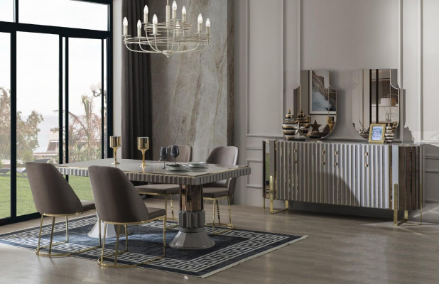 Garnitur Essgruppe Esszimmer Esstisch Luxus Stühle Essecke Grau 7tlg