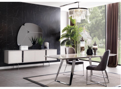 Esszimmer Gruppe Set Tisch 4x Stühle Anrichte Spiegel 7tlg. Grau Essgarnitur