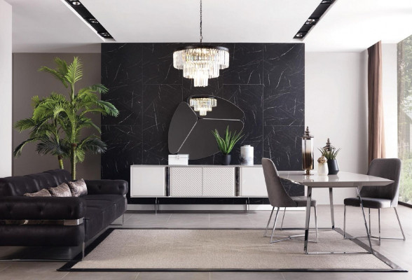 Esszimmer Gruppe Set Tisch 4x Stühle Anrichte Spiegel 7tlg. Grau Essgarnitur