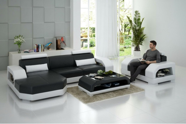 Ledersofa Couch Wohnlandschaft Ecksofa + 1 Sitzer Garnitur Design Modern G8001E
