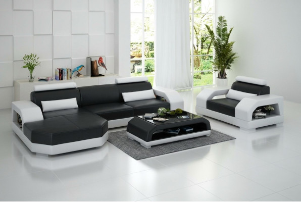 Ledersofa Couch Wohnlandschaft Ecksofa + 1 Sitzer Garnitur Design Modern G8001E