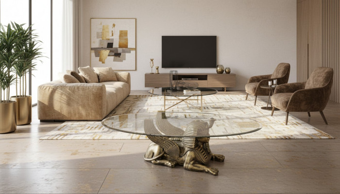 Couchtisch Tisch Glastische Tische Pharao Sphinx Beistell Glas Ägypten 120x60cm