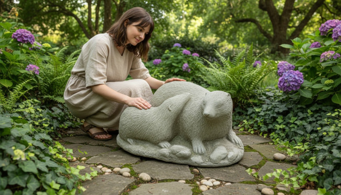 Garten Dekoration Frettchen Terrasse Stein Figuren Figur Weiß Natur Statue