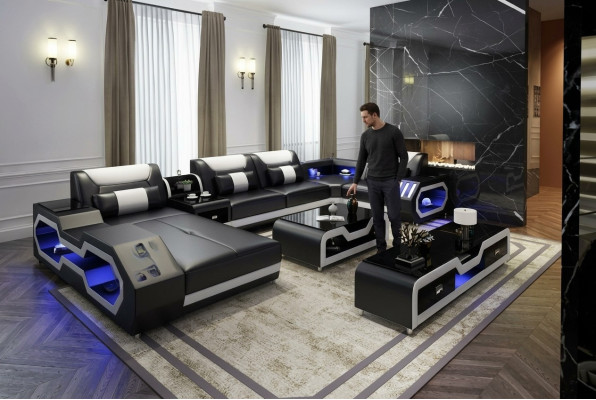 XXL Wohnlandschaft Sofa Couch Polster Eckgarnitur Couchen Sofas + USB + Licht 