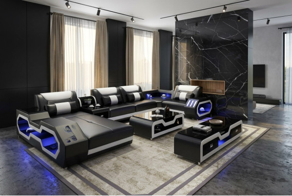 XXL Wohnlandschaft Sofa Couch Polster Eckgarnitur Couchen Sofas + USB + Licht 
