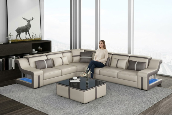 XXL Ecksofa Sofa Eck Stoff Wohnzimmercouch Sofa Couch Tisch Polster Sitz Leder