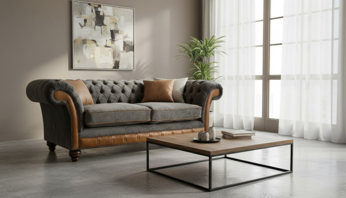 XXL Sofa 3 Sitzer Couch Chesterfield Polster Sitz Garnitur Leder Textil Neu Grau