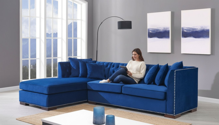 Chesterfield Blaue Designer Couch Eck Sofa Couch Garnitur Textil Stoff Sofas 