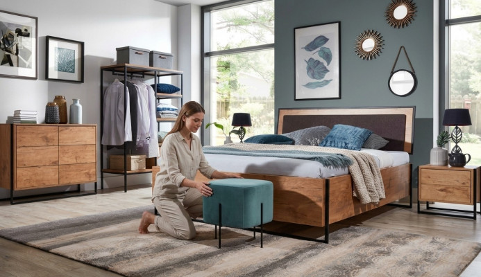 5 tlg. Komplett Set Holz Schlafzimmer Loft Stil Design Bett Kommode Schrank