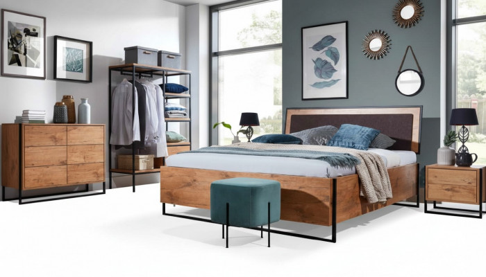 5 tlg. Komplett Set Holz Schlafzimmer Loft Stil Design Bett Kommode Schrank