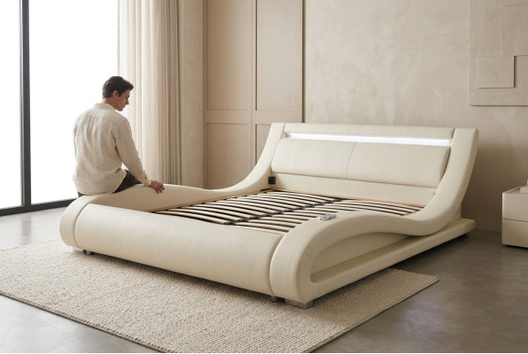 Luxus Leder Design Polster Betten Doppel Modernes Beleuchtet Ehe Bett
