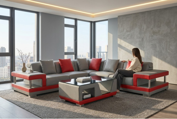 Ledersofa Couch Wohnlandschaft Eck Garnitur Deko Design Modern Sofa L-Form