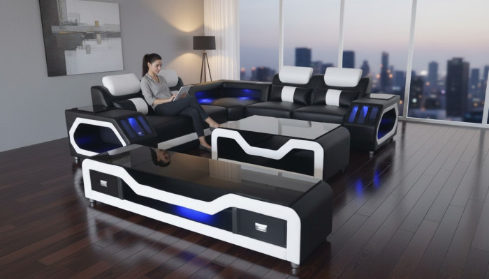 Ledersofa Wohnlandschaft Eck Garnitur Design Modern Sofa L-Form Couchtisch G8046