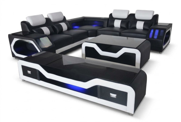 Ledersofa Wohnlandschaft Eck Garnitur Design Modern Sofa L-Form Couchtisch G8046