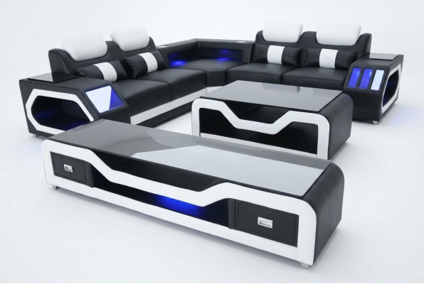 3 tlg. Set Leder Sofa Couch Garnitur Eck Sitz Polster + Tisch + RTV L Form Neu