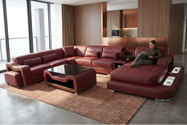 Leder Wohnlandschaft Garnitur Design Modern Ecke Sofa Couch U-Form G8027G Tisch