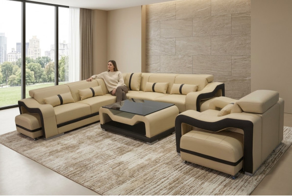 Leder Sofa Couch Polster Eck Garnitur rtv tisch sitz ecke sessel wohnlandschaft