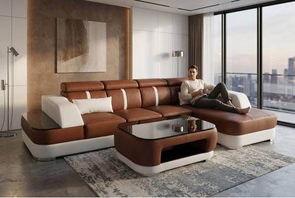 Leder Couch Polster Sitz Design Modern Eck Garnitur Sofa Wohnlandschaft+Tisch