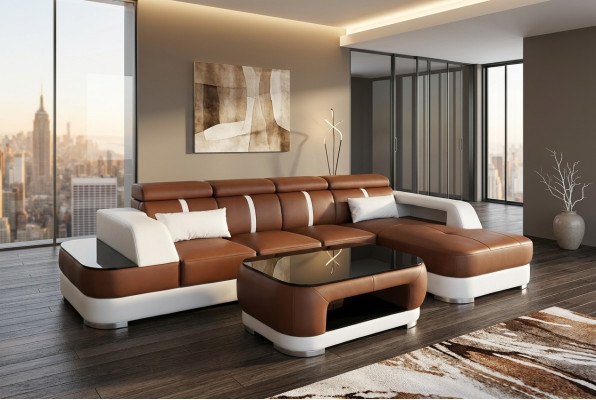 Leder Couch Polster Sitz Design Modern Eck Garnitur Sofa Wohnlandschaft+Tisch