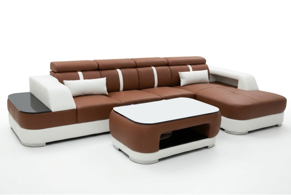 Leder Couch Polster Sitz Design Modern Eck Garnitur Sofa Wohnlandschaft+Tisch