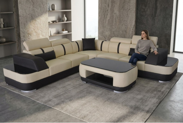 Eck Sofa Leder Polster Ecke Sitz Garnitur Couchen L Form + Tisch Wohnlandschaft