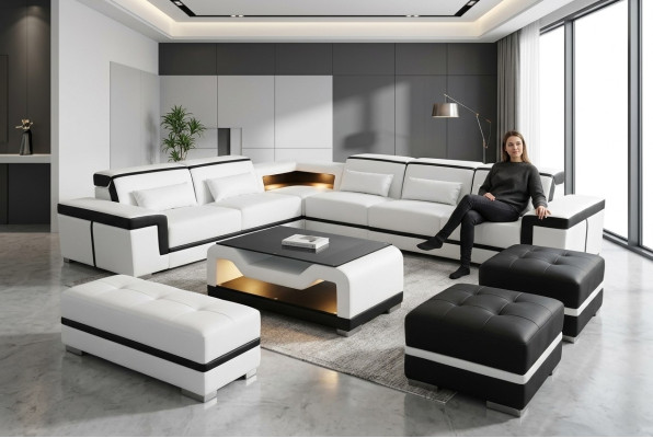 Leder Sofa Couch Polster Eck Moderne Garnitur Wohnlandschaft Tisch Hocker G8020B