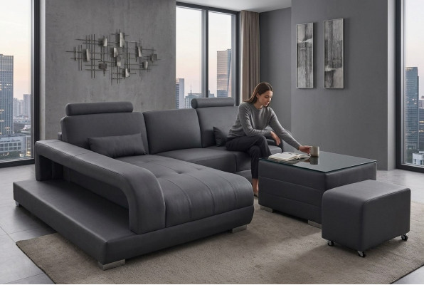XXL Couch Leder Wohnlandschaft Garnitur Design Modern Sofa L-Form F3017C + Tisch
