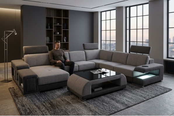 Ecke Stoff Modern XXL Couch Wohnlandschaft Textil Sofa U-Form B2015 Stoff +Tisch