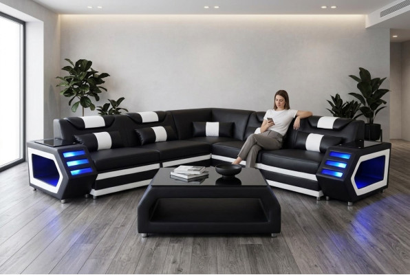 Designer Polster Couch Eck Leder Ecke Sofa Polster Landschaft Zimmer