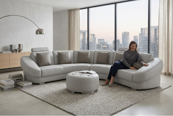 Rund U Form Sofa Polster Eck Garnitur Leder Wohnlandschaft Couchen XXL + Hocker