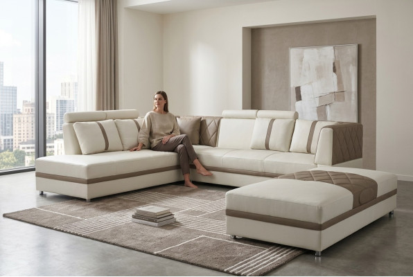 Ecke Leder Modern XXL Couch Wohnlandschaft Ledersofa Sofa L-Form A1128II+Hocker
