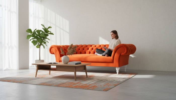 Stoff Design Couch Polster Sofas Textil Modern Sofa Chesterfield 3 Sitzer Orange