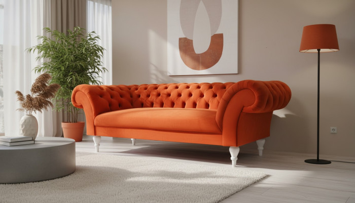 Stoff Design Couch Polster Sofas Textil Modern Sofa Chesterfield 3 Sitzer Orange