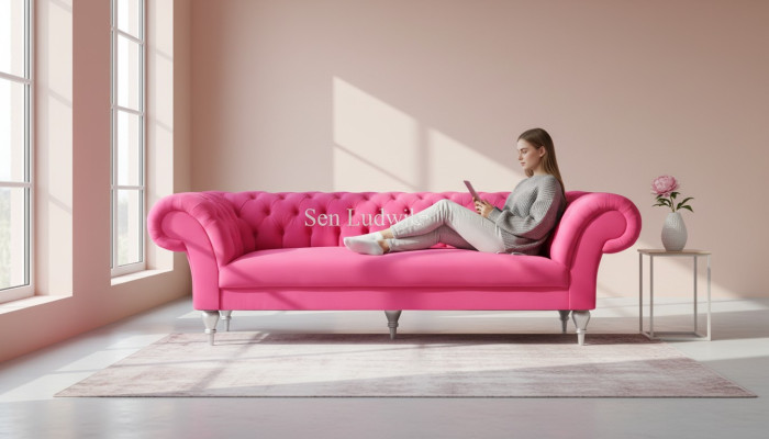 Stoff Design Couch Polster Sofas Textil Modern Sofa Chesterfield 3 Sitzer Rosa