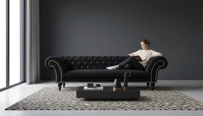 Stoff Design Couch Polster Textil Modern Sofa Chesterfield 3 Sitzer Schwarz