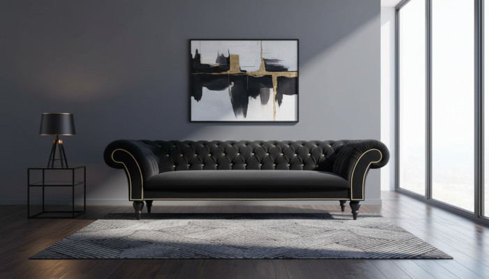 Stoff Design Couch Polster Textil Modern Sofa Chesterfield 3 Sitzer Schwarz