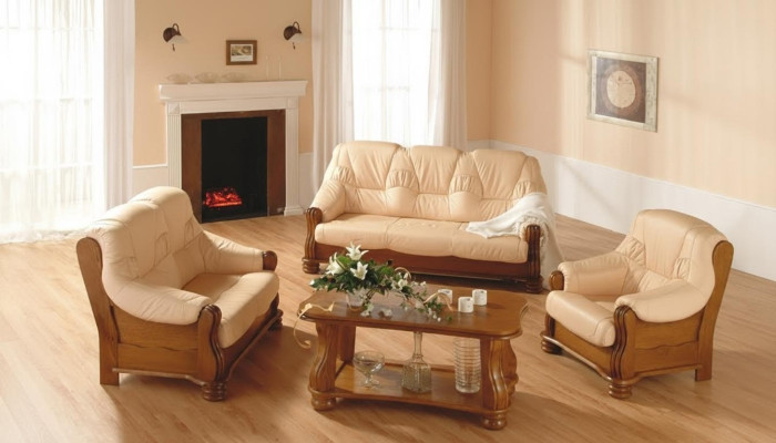 Klassik Sofagarnitur Holz Leder 3+2+1 Komplettes Set Sitz Polster Couchgarnitur
