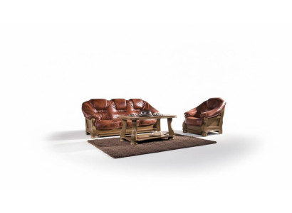 Klassische Sofagarnitur Couch Polster Sitz Garnitur Sofa Leder Holz 3+2+2 Set