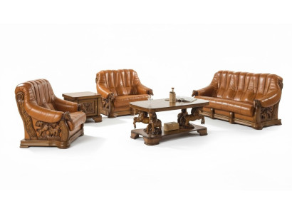 Klassische Sofagarnitur Couch Polster Sitz Sofa Leder Holz 3+2+2 Set Garnitur