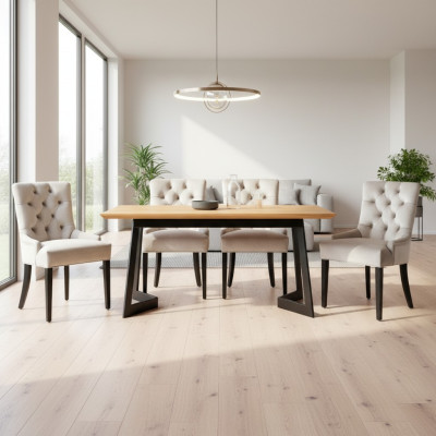 Design Esszimmer Tisch + 4 Chesterfield Lehnstühle Sitz Gruppe Stühle