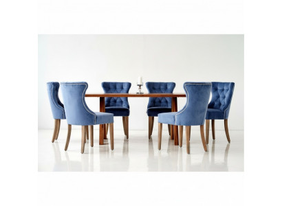 Rechteckiger Holztisch Designer x6 Chesterfield Blaue Stühle 7tlg. Essgruppe