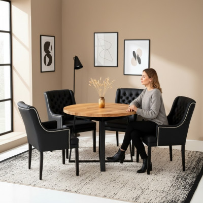 Moderne Esszimmer Möbel Edler Runder Holztisch + x6 Chesterfield Lederstühle 7tlg. Set