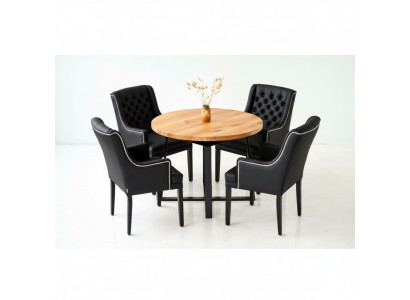 Moderne Esszimmer Möbel Edler Runder Holztisch + x6 Chesterfield Lederstühle 7tlg. Set